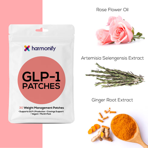 HARMONIFY GLP-1 Patches with L-Glutamine Berberine Chromium Pomegranate Cinnamon Ginger Root Artemisia Selengensis & Rose Flower Oil - 1 Pack 30 Patches - Leaf